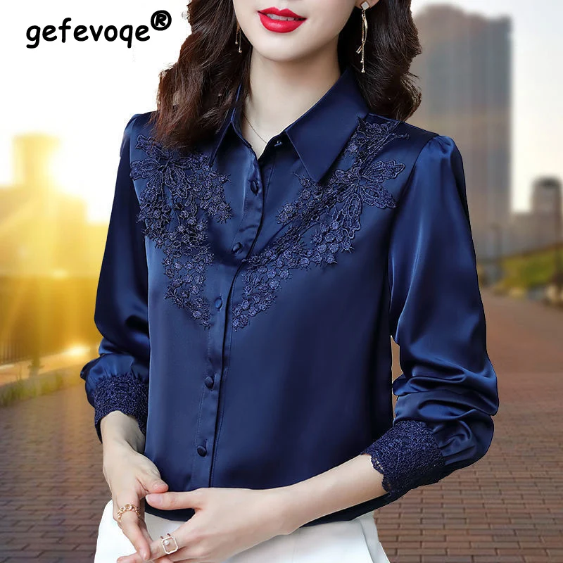 Top Trends: High Quality Satin Embroidery Elegant Chic Fashion Top Blouse Women Solid Long Sleeve Office Lady Button Up Shirt Blusas Clothes Shoppable Styles