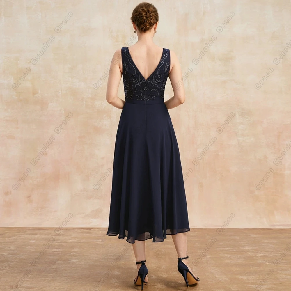 Top Trends: Navy Blue Three Quarter Mother Of Bride Dresses With Lace 2023 Summer New Chiffon Wedding Party Dresses Tea Length 2024 Zipper Shoppable Styles - Image 4