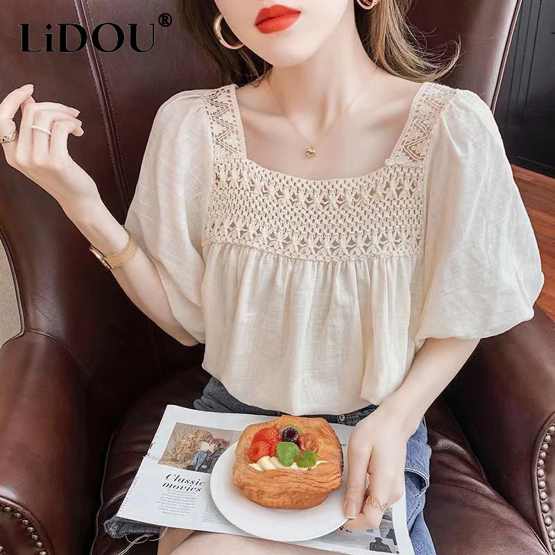 Top Trends: 2023 Summer Korean Fashion Pure Cotton Hollow Out Blouse Ladies Literary Vintage Pullover Tops Women Puff Short Sleeve Shirt Shoppable Styles