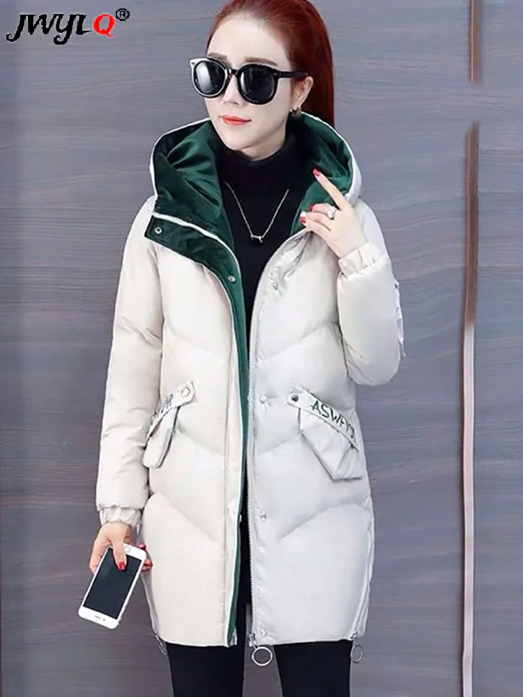 Top Trends: New Winter Patchwork Hooded Padded Coats Loose Mid-length Parkas Women Windproof Casual Cotton Jackets Zipper Snow Abrigos Mujer Shoppable Styles