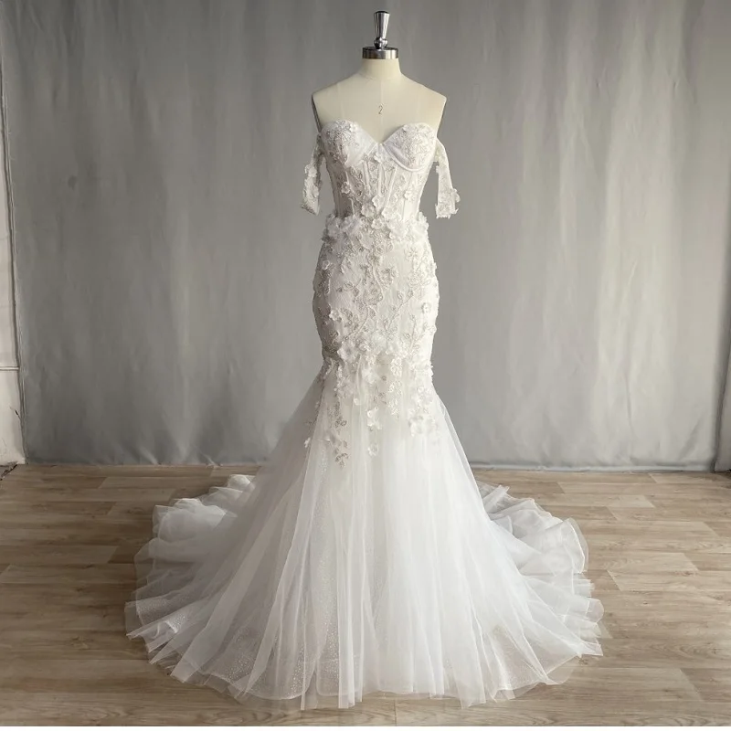 Top Trends: DIDEYTTAWL 3D Flower Beaded Lace Off Shoulder Boho Mermaid Wedding Dress Sweetheart Court Train Bridal Gown Robe De Mariée Shoppable Styles