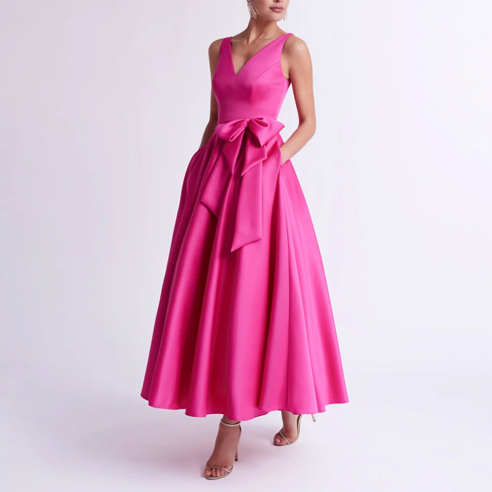 Top Trends: Hot Pink Wedding Guest Gowns For Women Satin V Neck A Line Mother Of The Bride Dress Midi Bow Pockets Formal Evening Party Shoppable Styles