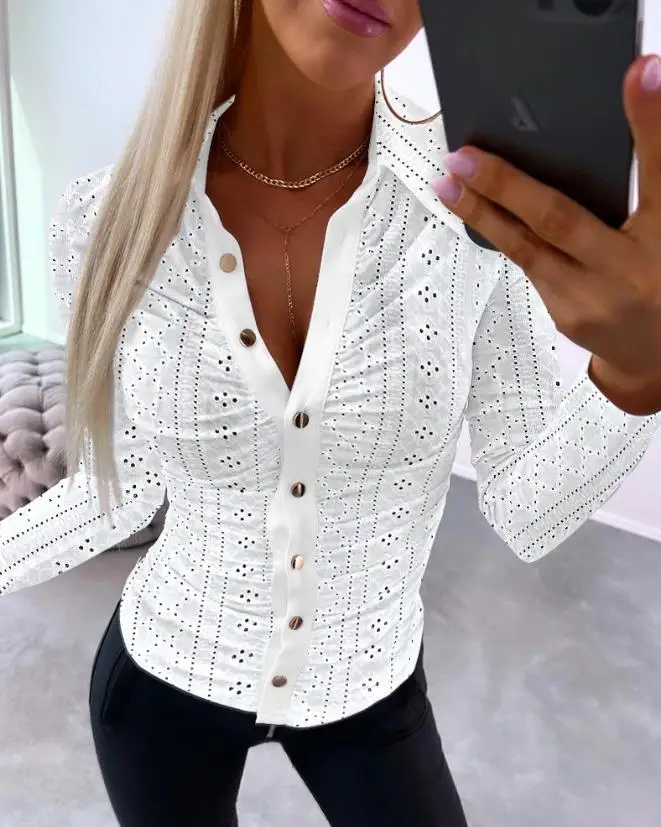 Top Trends: Women's Blouse 2023 Spring Fashion Eyelet Embroidery Ruched Buttoned Long Sleeve Casual Turn-Down Collar Skinny Daily Shirt Top Shoppable Styles