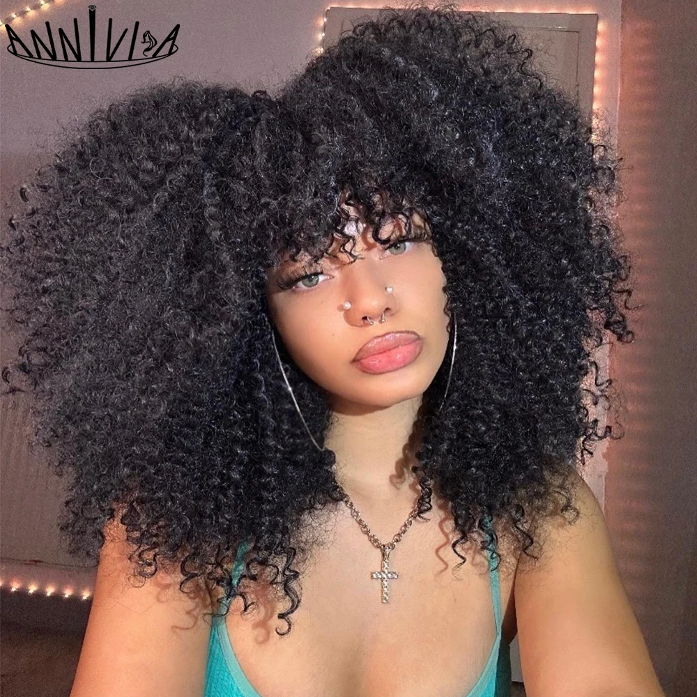 Top Trends: Short Hair Afro Kinky Curly Wigs With Bangs For Black Women Synthetic Ombre Glueless Cosplay Natural Brown Black Pink Annivia Shoppable Styles