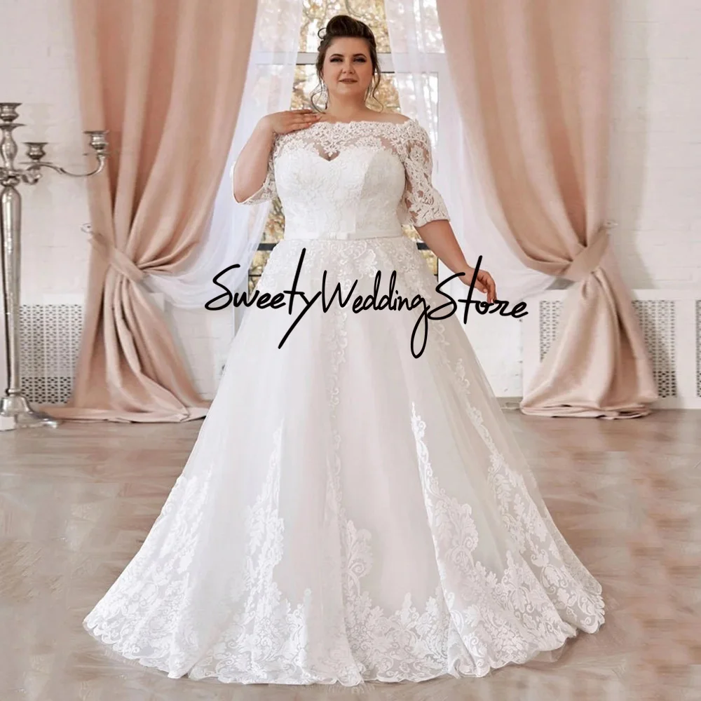 Top Trends: Classic Plus Size Wedding Dress Custom Half Sleeves Boat Neck Applique Sweep Train Vestido De Noiva A Line Corset Bridal Gown Shoppable Styles