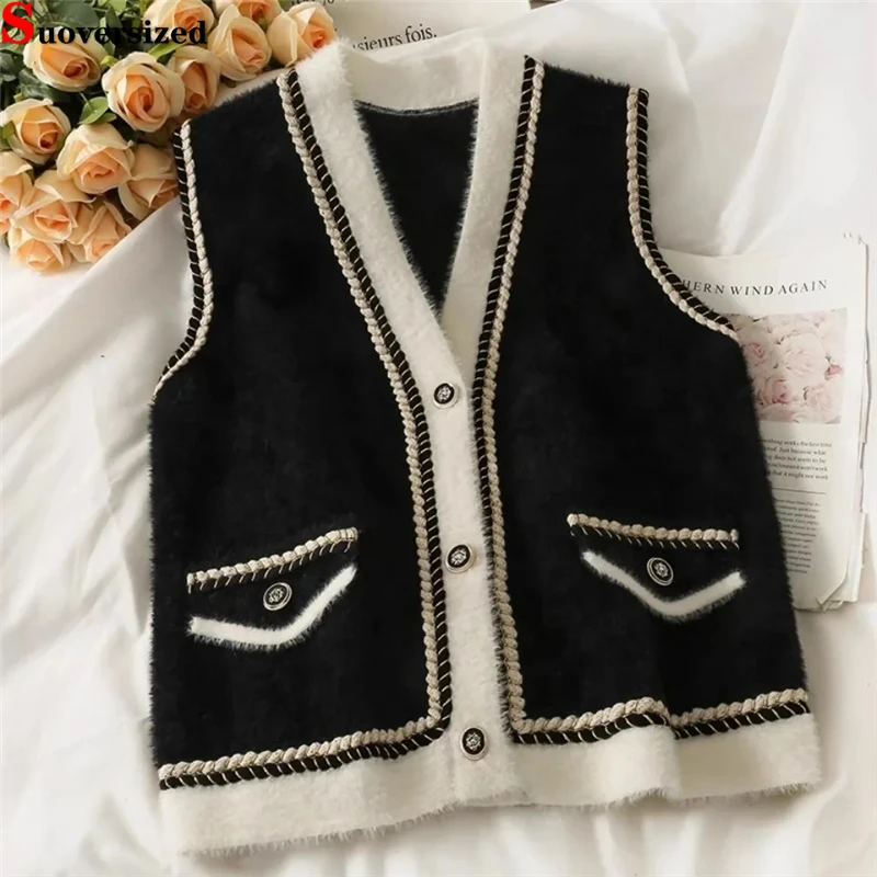 Top Trends: Vintage Button Up Knitted Waistcoat Women Elegant Mink Fleece Sleeveless Coat Fashion Cardigan Tops Korean V Neck Short New Vest Shoppable Styles