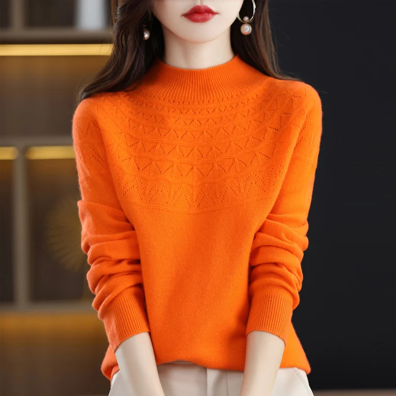 Top Trends: New Cashmere Sweater In Autumn And Winter 100% Pure Wool Women's Semi-high-necked Knitted Pullover Hollowed-out Fashion Top Shoppable Styles - Image 2