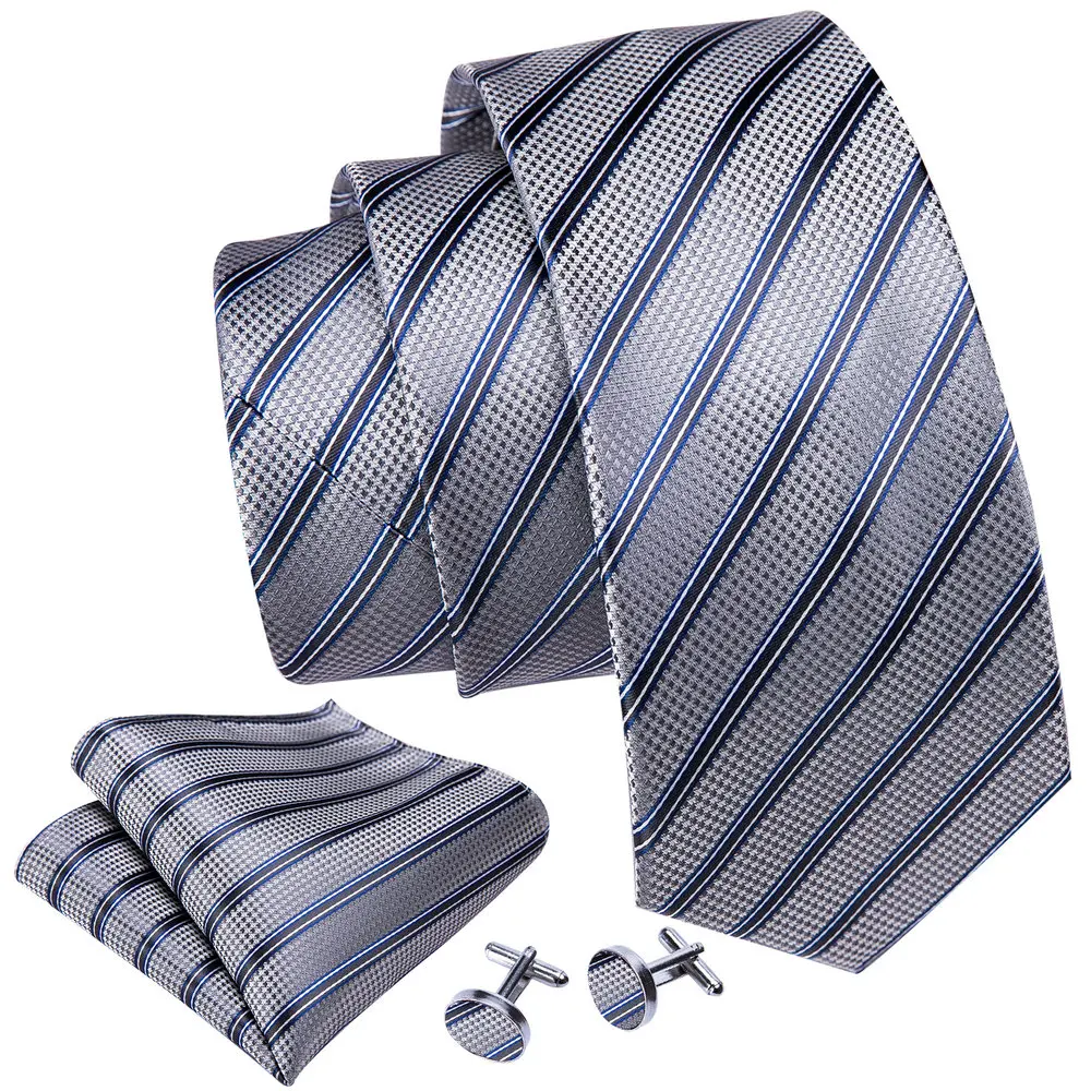 Top Trends: Barry.Wang Gray Business Silk Stripe Ties For Men Classic 8.5cm Wedding High Quality Handkerchief Cufflinks Sets Party Designer Shoppable Styles - Image 3