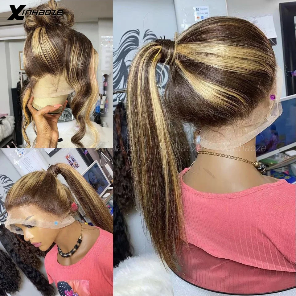 Top Trends: Brown Ombre Honey Blonde Full Lace Human Hair Wigs Brazilian Remy HD Transparent Lace Glueless Full Lace Wigs With High Ponytail Shoppable Styles