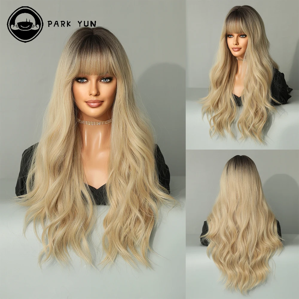 Top Trends: Ombre Ash Blonde Women Wig With Bangs High Density Heat Resistant Synthetic Hair Weave Full Wigs Cosplay Party Daily Use Shoppable Styles