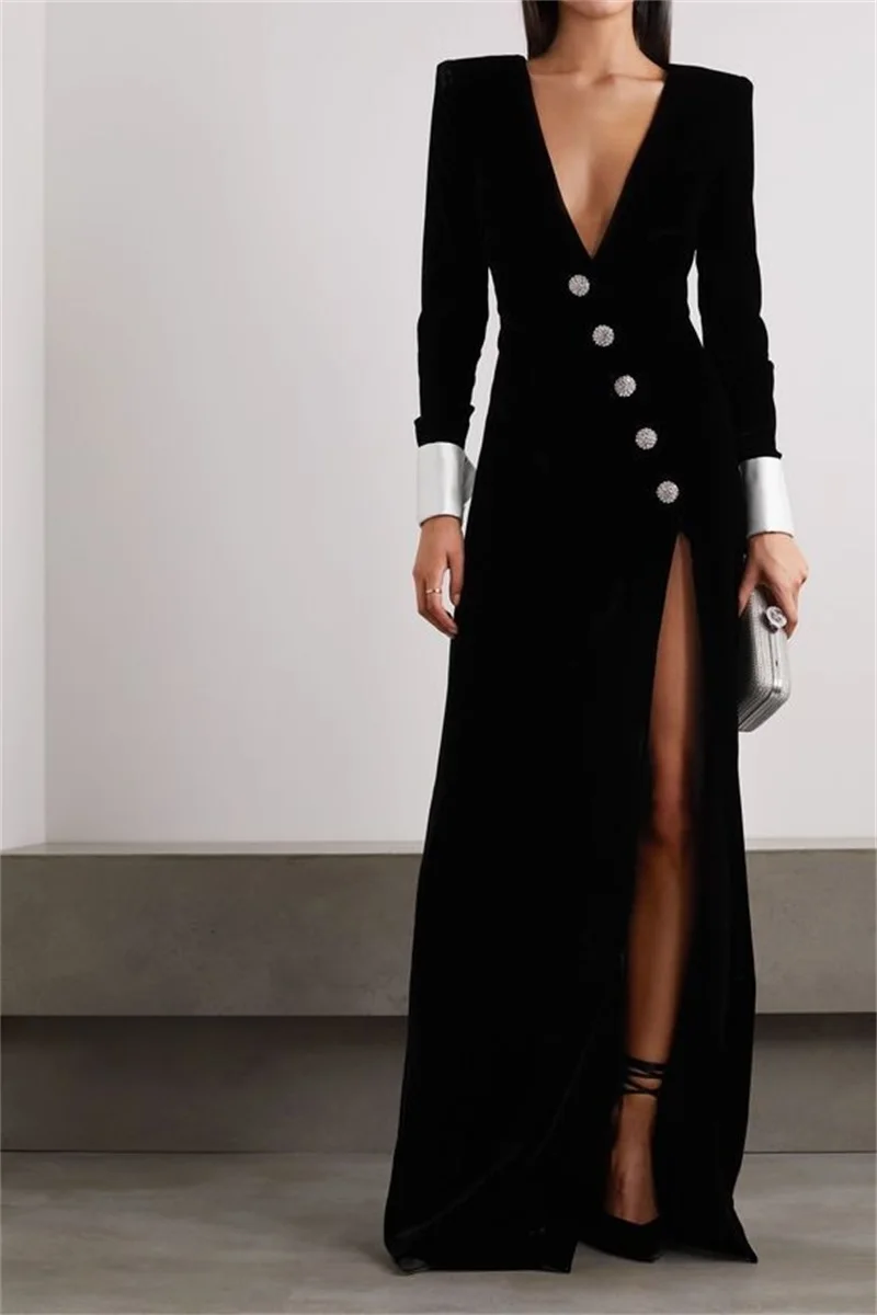 Top Trends: Black Velvet Women Suit Blazer Catwalk Maxi Prom Dress Sexy V Neck Split Formal Office Coat Jacket Wedding Party Gown Tailored Shoppable Styles