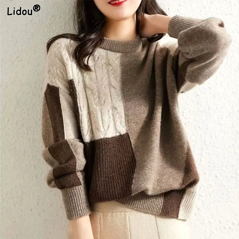 Top Trends: Sweaters Round Neck Patchwork Loose Solid Women&#039;s Clothing Autumn Winter Thin Fashionable Temperament Pullovers Knitted Casual Shoppable Styles