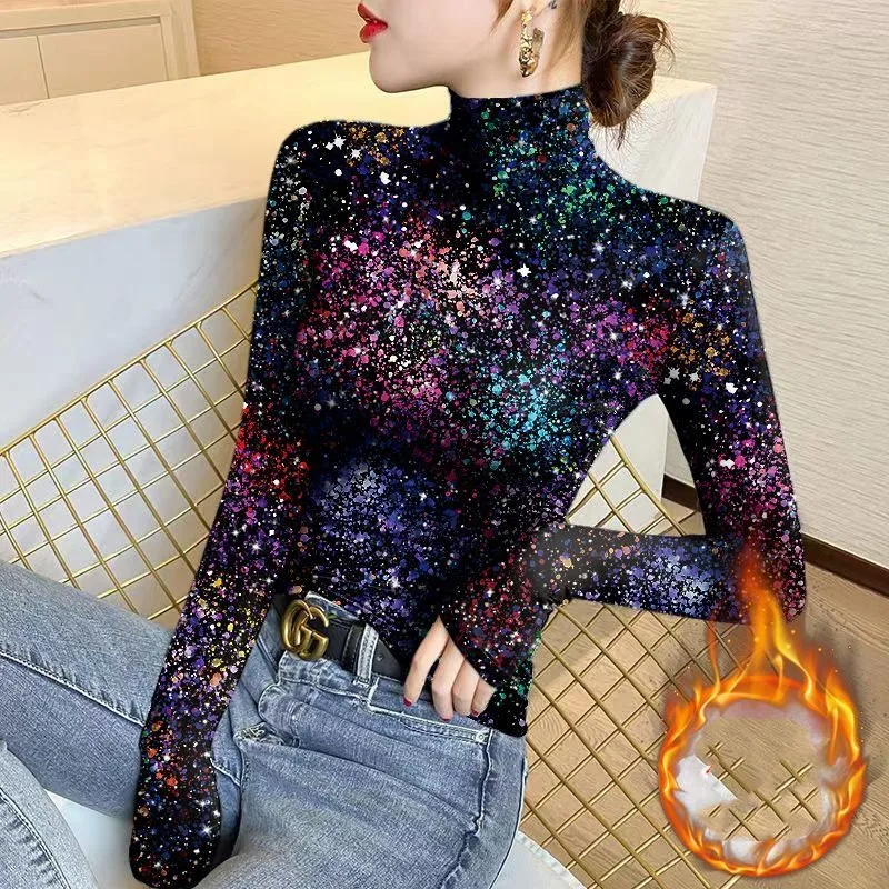 Top Trends: Female Trendy Vintage Turtleneck Printed Fashion T-shirt Casual Autumn Winter Long Sleeve Slim Pullover Tops Women's Clothing Shoppable Styles