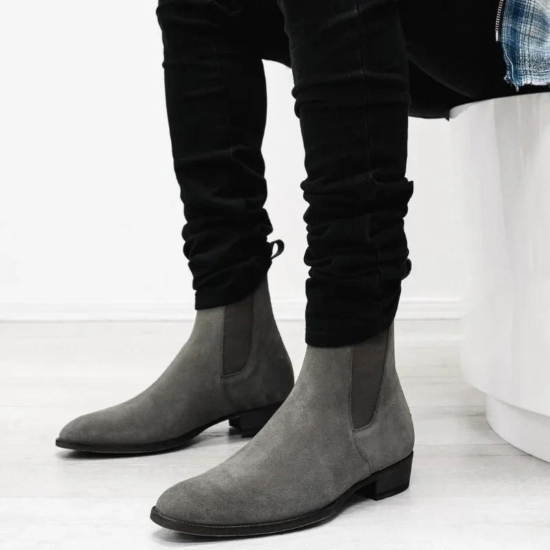 Top Trends: New Gray Chelsea Boots For Men Flock Business Cowboy Boots Handmade Men Boots Size 38-46 Shoppable Styles