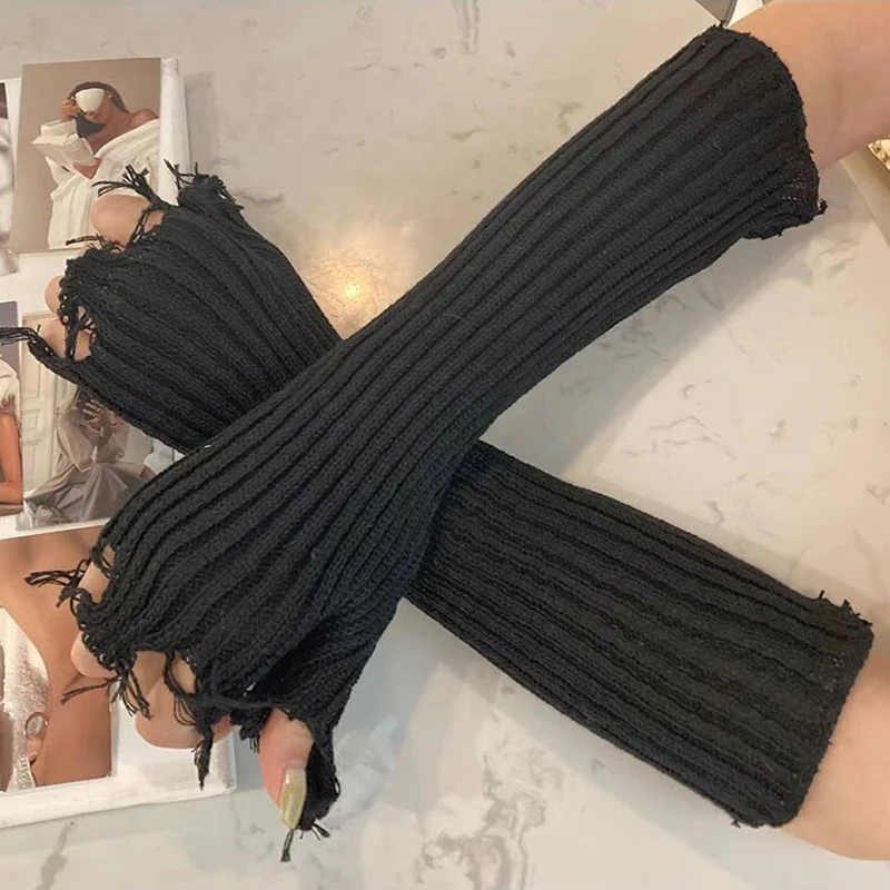 Top Trends: Punk Knitted Ripped Oversleeves Women Hollowed Out Long Fingerless Gloves Soft Gothic Arm Cover Sleeve Tattered Broken Mittens Shoppable Styles