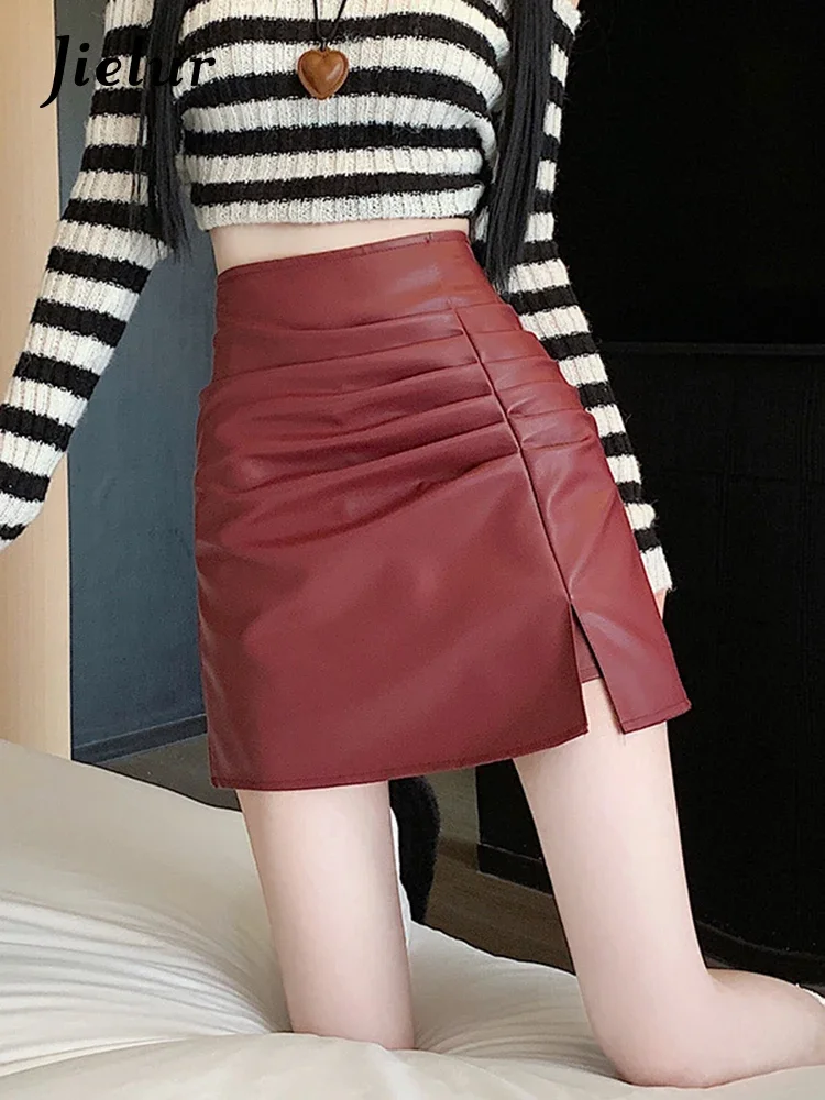 Top Trends: Jielur Autumn New Solid High Waist A-line Skirts Female Simple Basic Split Women Skirts PU Black Coffee Red Korean Woman Skirts Shoppable Styles