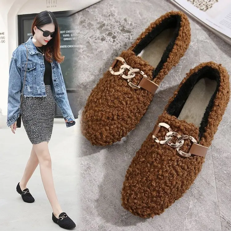 Top Trends: Chain Lambswool Flats Moccasins Femme Slip On Plush Winter Ladies Shoes Curly Furry Loafers Women Creepers Zapatos Plus Size 43 Shoppable Styles