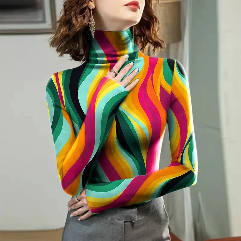 Top Trends: Women&#039;s Half High Collar Underlay Autumn And Winter New Fashion Printed Color Striped Long Sleeve Pullover T-shirt Slim Tops Shoppable Styles