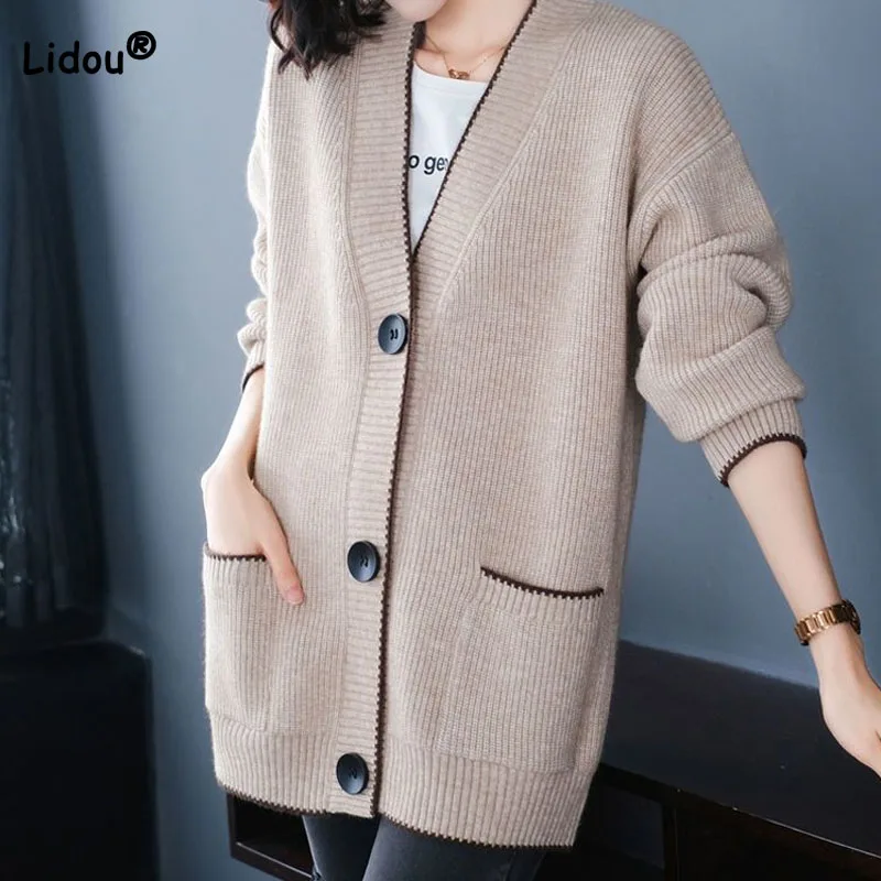 Top Trends: Solid Color Button All-match Sweaters Cardigan Women&#039;s Clothing Autumn Winter Korean Loose V-Neck Fashion Pockets Knitted Tops Shoppable Styles