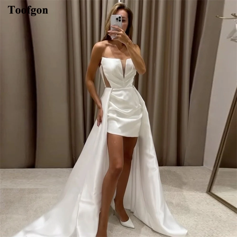 Top Trends: Toofgon Vintage Mini Satin Bride Wedding Dresses With Overskirt Strapless Above Knee Formal Bride Dress Women Party Bridal Gowns Shoppable Styles