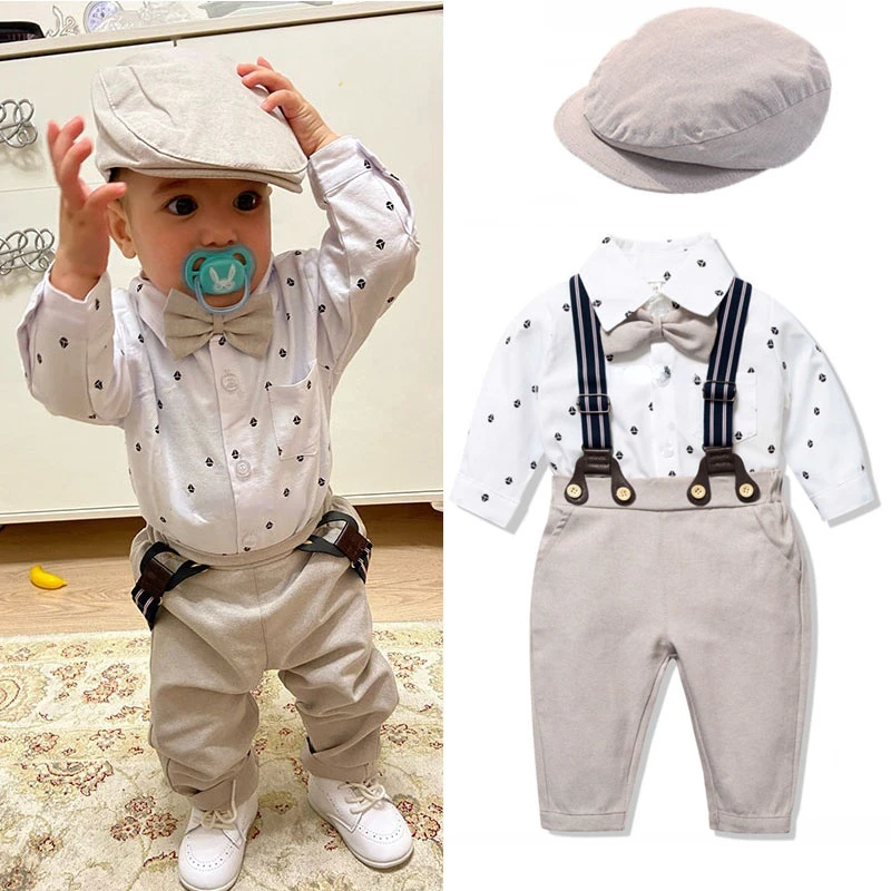 Top Trends: Baby Boys Romper Boutique Clothing Set Newborn Handsome 1th Birthday Gift Printed Jumpsuit Hat Bow Set Children Wedding Outfits Shoppable Styles