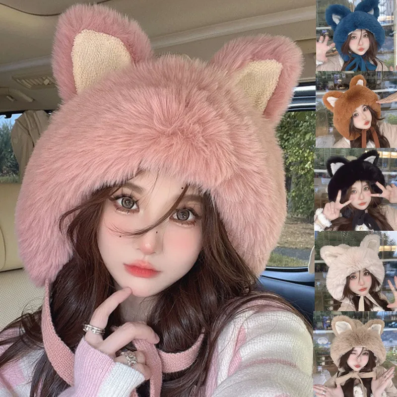 Top Trends: Big Ear Knitted Hat Velvet Warm Knitted Ear Protection Hat Pullover Hat Korean Cute Women&#039;s New Pink Plush Ball Hat Winter Shoppable Styles