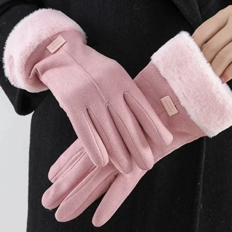 Top Trends: Women's Winter Cashmere Warm Suede Leather Cycling Mittens Double Thick Velvet Plush Wrist Women Touchscreen Driving Gloves Shoppable Styles - Image 5