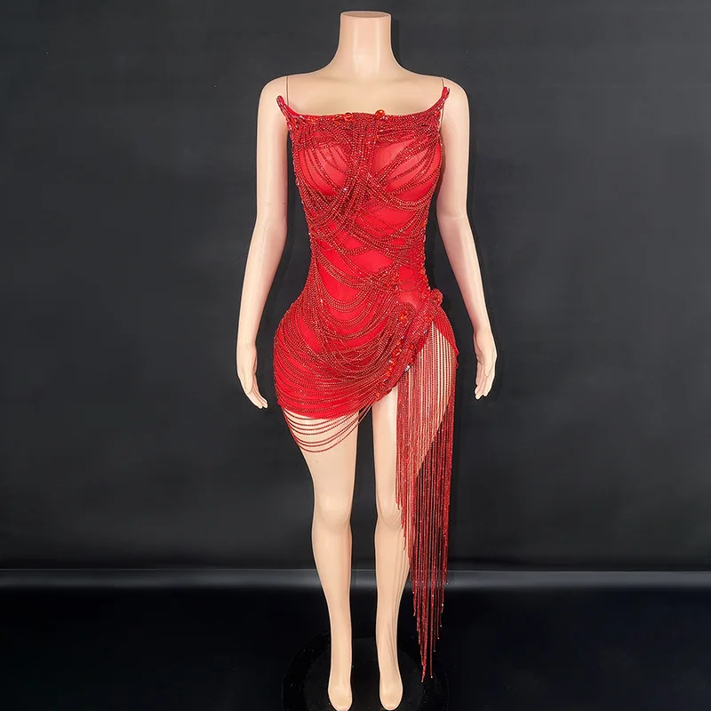 Top Trends: Sexy Show Stage Wear Red Sparkly Rhinestones Fringes Mesh See Through Short Dress Women Celebrate Birthday Wedding Evening Dress Shoppable Styles