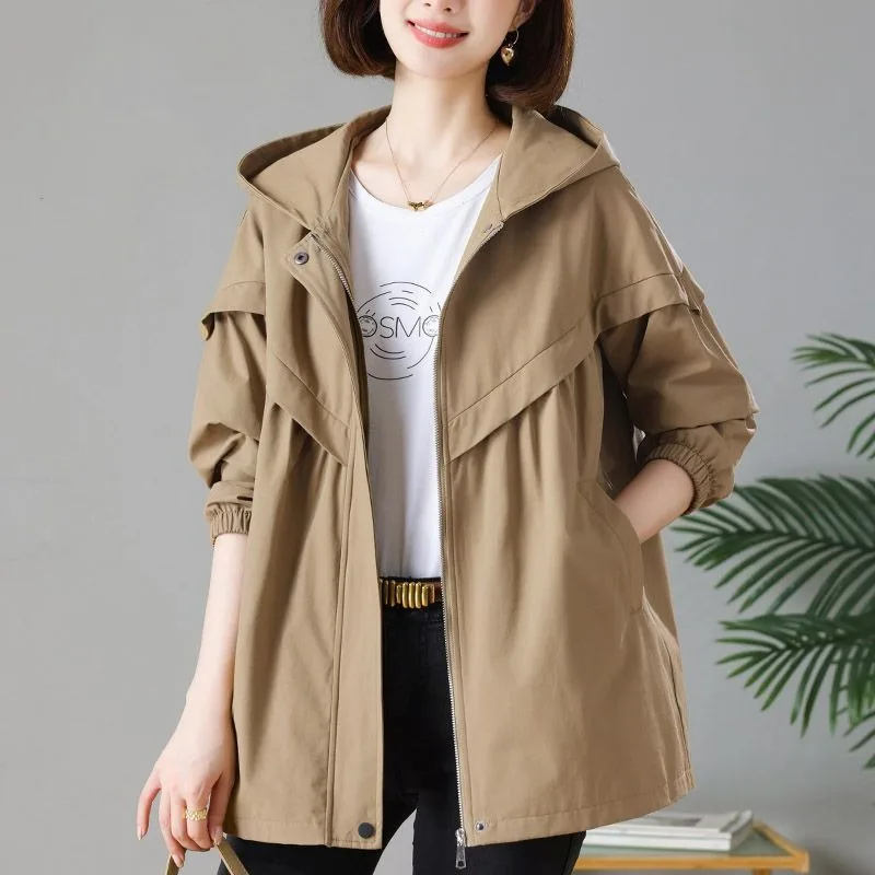 Top Trends: Women Spring And Autumn Fashion New Hooded Windbreaker Solid Color Zipper Pockets Splicing Lax Leisure Versatile Mid-length Coat Shoppable Styles