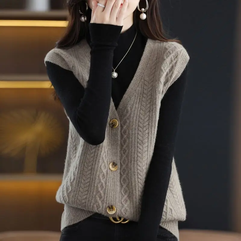 Top Trends: Spring And Autumn New V-neck Pure Knitted Cardigan Vest Women&#039;s Fashion Simple Loose Sleeveless Sweater Vest Kam Shoulder Coat Shoppable Styles