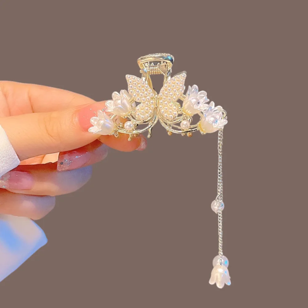 Top Trends: High-end Pearl Butterfly Bell Orchid Tassel Clip Back Of The Head Medium Size Half-tie Hair Clip Mori Fairy Hair Accessories Shoppable Styles