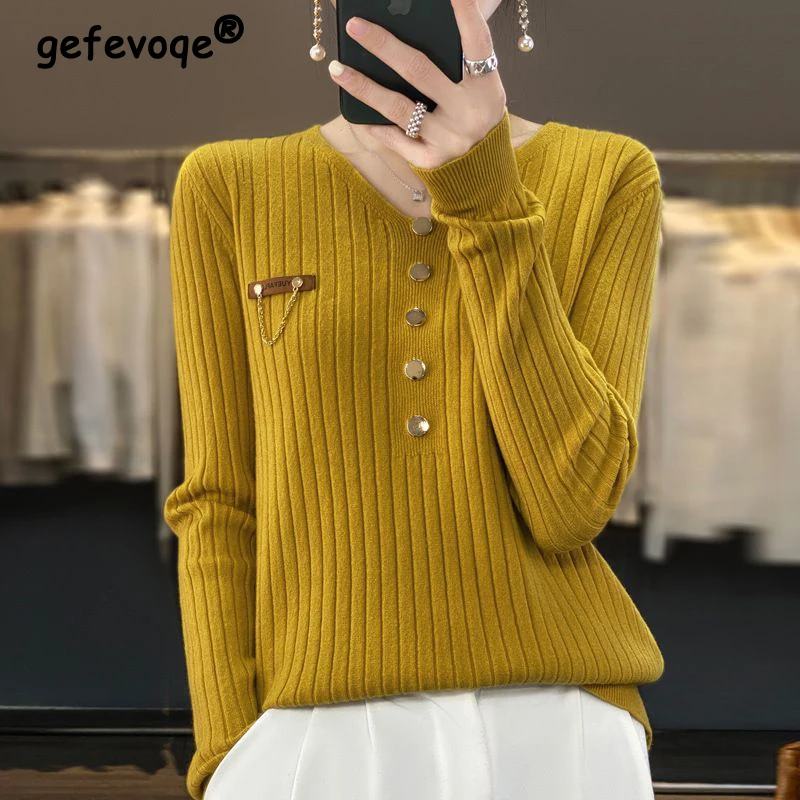 Top Trends: Women Korean Style Button Chain Chic Elegant Ribbed Basic Knitted Sweater Female Casual V Neck Long Sleeve Pullover Tops Jumpers Shoppable Styles