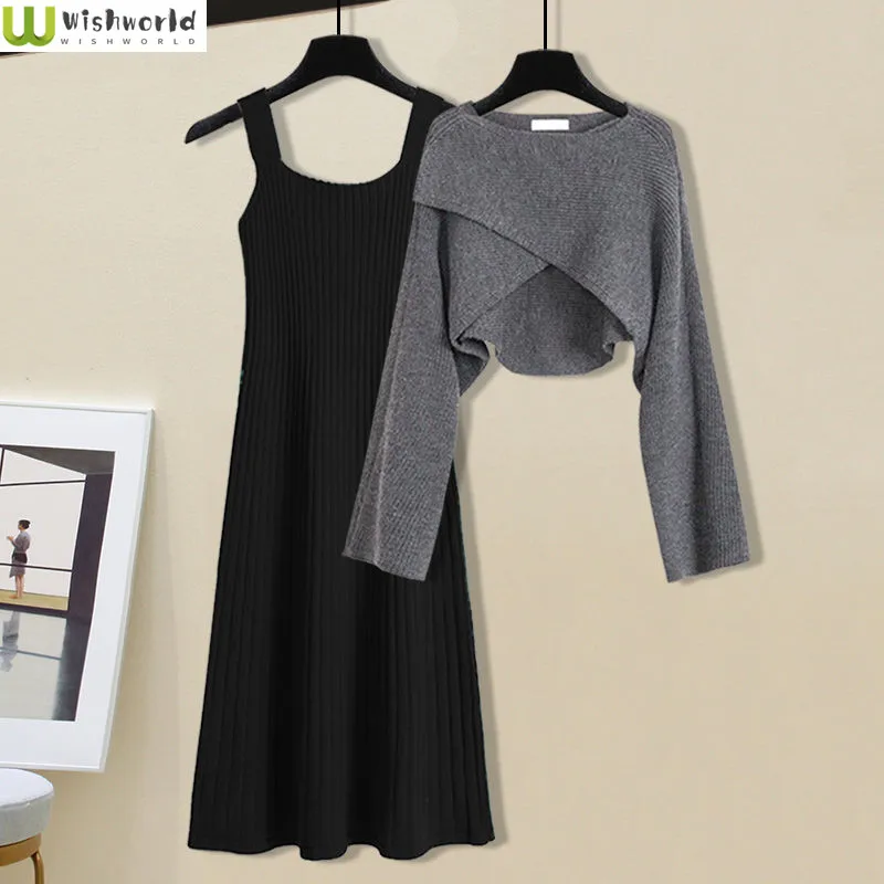 Top Trends: Autumn And Winter Women&#039;s Suit 2023 New Cross-knit Reducing Age Sweater Women&#039;s Slim Suspender Dress Two-piece Set Shoppable Styles