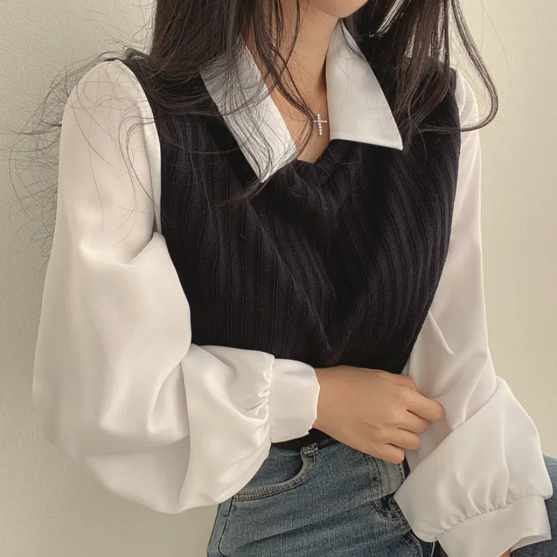 Top Trends: Korean Shirts Women Chic Fake Two Thicked Shirt Elegant Spring Autumn Long Sleeve Fashion Streetwear Casual Female Blouses Tops Shoppable Styles - Image 4