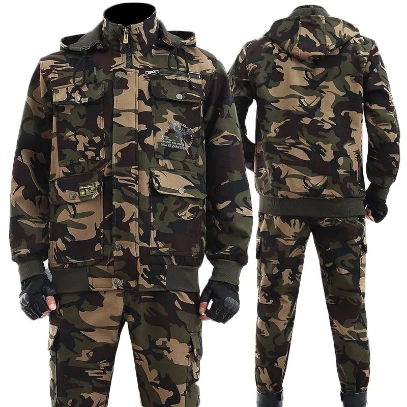 Top Trends: Men's 2-piece Set Outdoor Welder Jacket Trousers Winter Work Clothes Plus Velvet Thick Cotton Protective Clothing Camouflage Shoppable Styles - Image 3