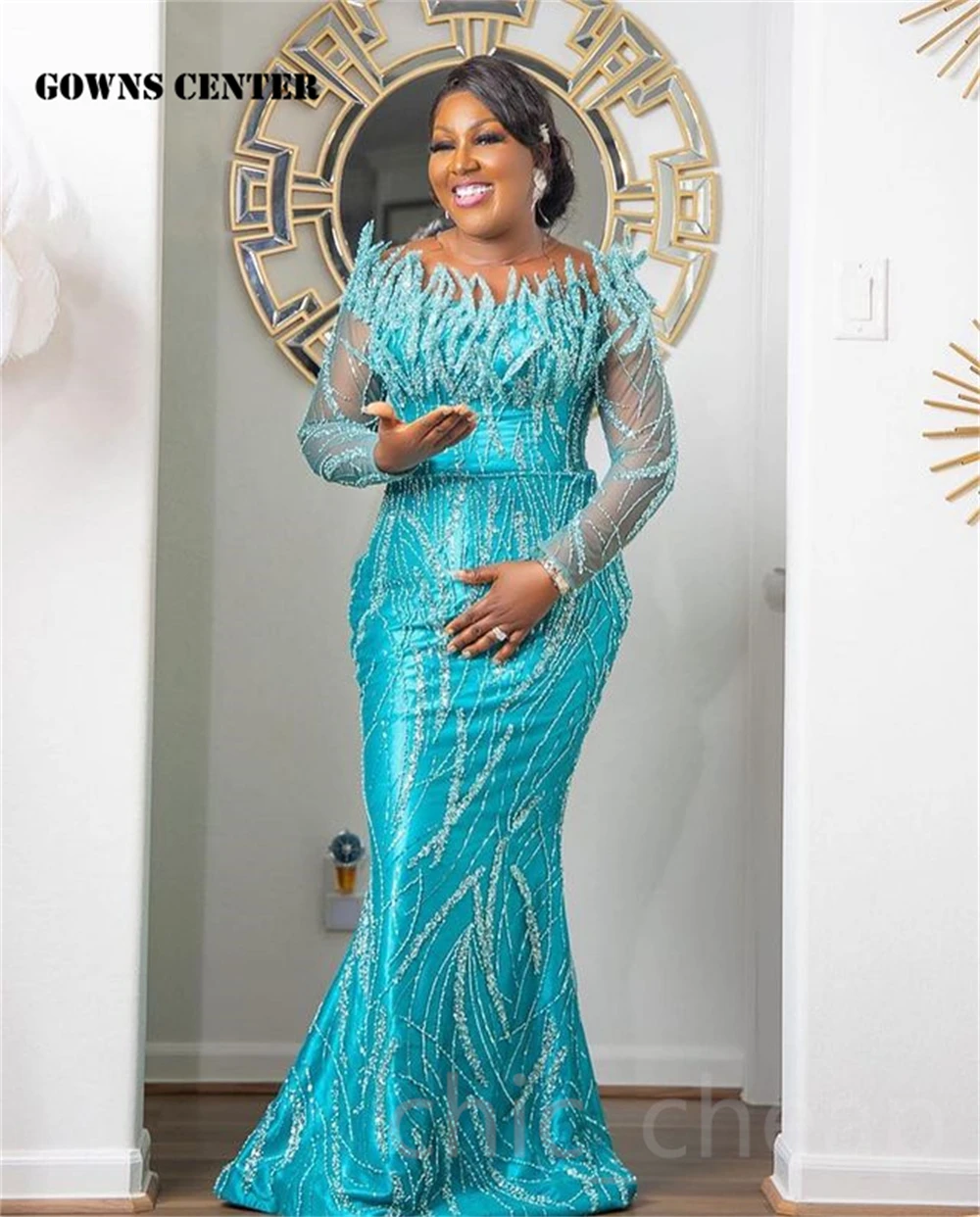 Top Trends: Sky Blue Beaded Long Sleeve Aso Ebi Luxury Evening Dresses For Wedding 2024 Mermaid Prom Dresses Elegant Gown African Robe Shoppable Styles