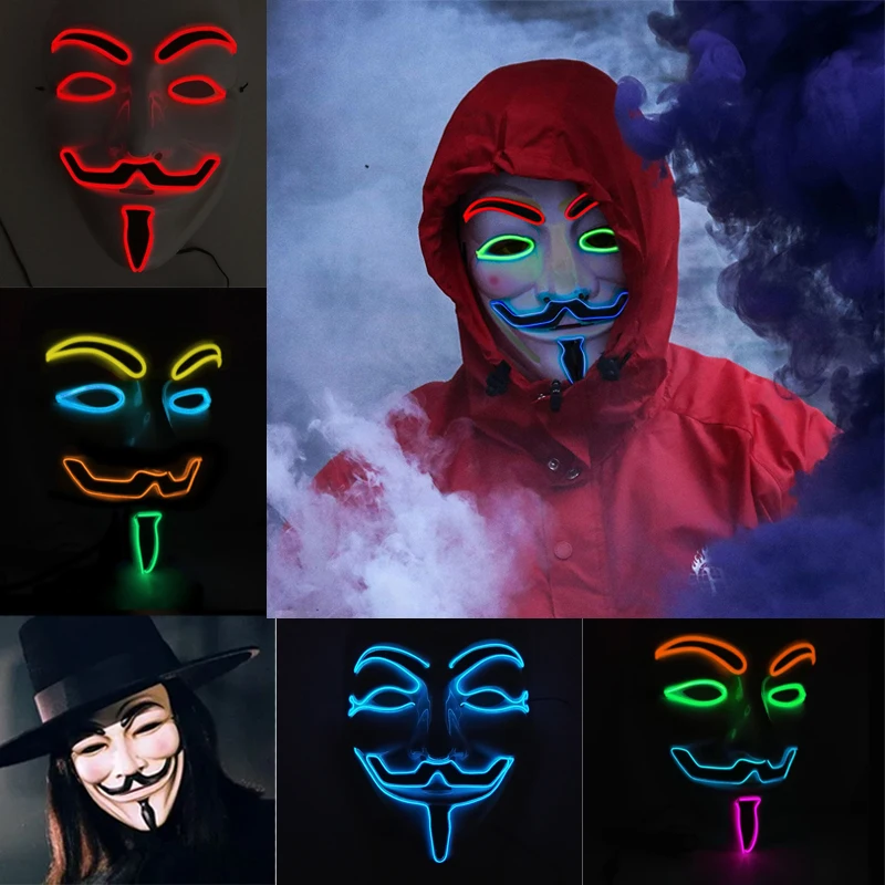 Top Trends: Halloween Luminous Hacker Mask LED Glowing V For Vendetta Face Mask Neon Light Up Cosplay Anonymous Mask Bar Carnival Prop Shoppable Styles