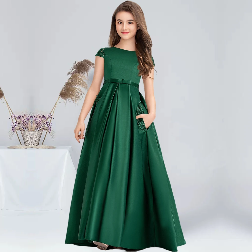 Top Trends: Ball-Gown / Princess Scoop Floor-Length Lace Satin Junior Bridesmaid Dresses With Bow Dark Green Flower Girl Dress Communion Dress Shoppable Styles