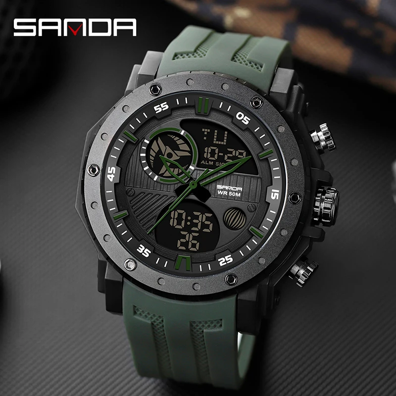 Top Trends: SANDA Quartz Watch Men Army Green 50M Waterproof Silicone Strap Sports Watches Luminous Digital Display Relogio Masculino 6012 Shoppable Styles