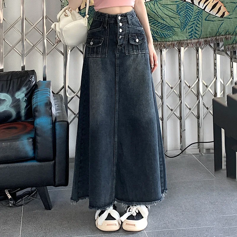 Top Trends: S-5XL New Streetwear Denim Skirt Spring Summer Fashion Frayed Hem Pocket High Waist Long Jeans Skirt Loose Plus Size Skirt Shoppable Styles