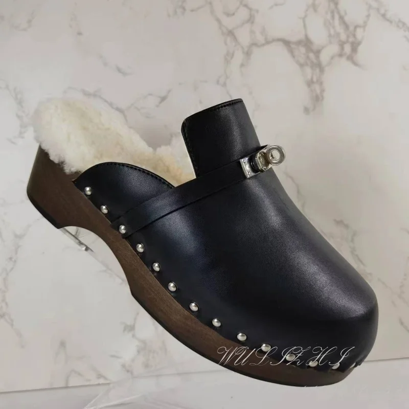 Top Trends: Velvet Black Rivet Flat Mules Slippers For Women Round Toe Cover Silver Buckle Fur Brown Leather Sports Clogs Sandals Soles Shoe Shoppable Styles