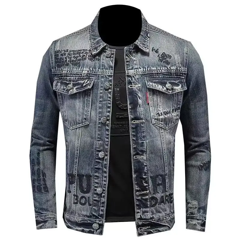 Top Trends: New Men's Denim Jacket Fashion Casual Lapel Handsome Motorcycle Jacket High Street Retro Trend Loose Denim Top Men's Clothing Shoppable Styles - Image 5