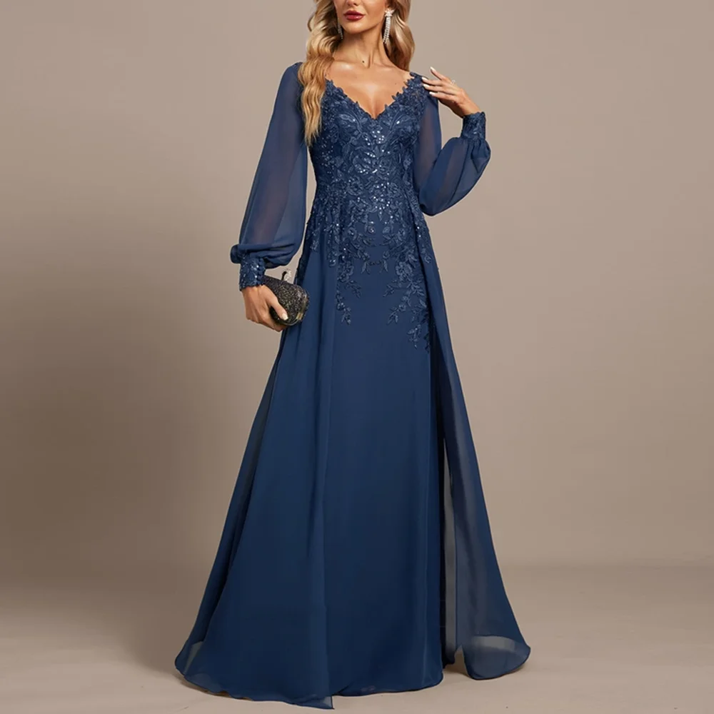 Top Trends: Navy Blue Mother Of The Bride Dresses V-Neck A-Line Full Sleeve Sequined Lace Appliques Formal Evening Dress Modern Chiffon Gown Shoppable Styles