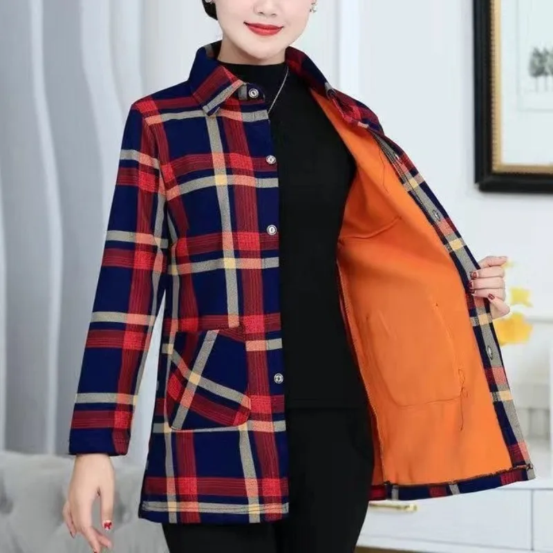 Top Trends: Women's Autumn Winter Long Sleeve Plaid Plus Velvet Shirt Fashion Thick Versatile Elegant Tops Patchwork Pockets Female Clothes Shoppable Styles