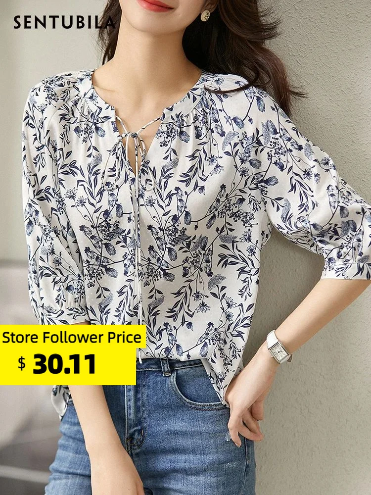 Top Trends: Sentubila Chiffon Shirts Half Sleeve 2023 Summer Printed Lace-up Outerwear Loose Vintage Elegant Office Lady Blouses 122V42117 Shoppable Styles