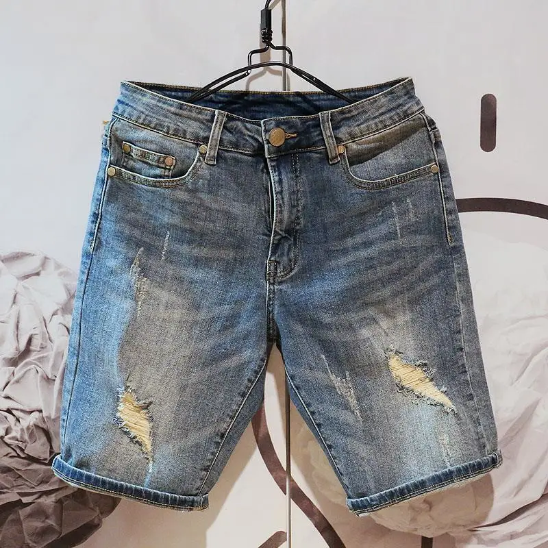 Top Trends: Fashion Men Casual Hole Denim Shorts Koreon New Streetwear Vintage Male Clothing Summer Essentials Loose Blue Sport Jorts 2023 Shoppable Styles