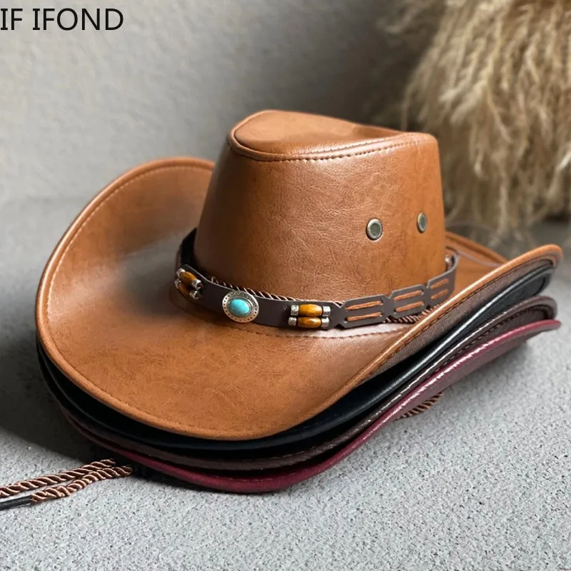 Top Trends: New Faux Leather Western Cowboy Hats For Women Men Vintage Gentleman Dress Hats Panama Cowgirl Jazz Cap Sombrero Hombre Shoppable Styles