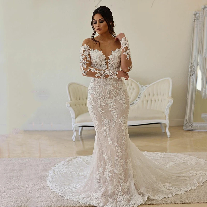 Top Trends: Boho Lace Wedding Dress Mermaid Illusion Corset Vestido De Noiva Long Sleeve Sheer Off Shoulder Appliqué Bridal Dress 2023 Robe Shoppable Styles