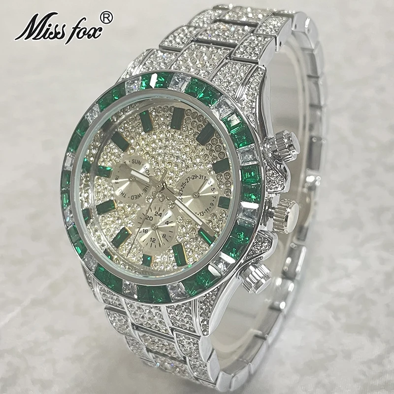 Top Trends: Luxury Brand MISSFOX Sliver Green Fashion Watches Men Rainbow Diamond Waterproof Smart Watch Full Steel Sports Clocks Male Reloj Shoppable Styles