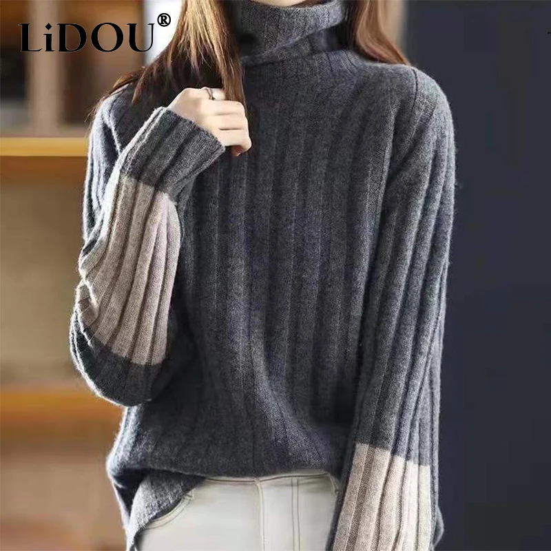 Top Trends: Autumn Winter High Collar Loose Casual Patchwork Sweater Top Women Thick Warm All-match Knitting Jumper Ladies Vintage Pullover Shoppable Styles